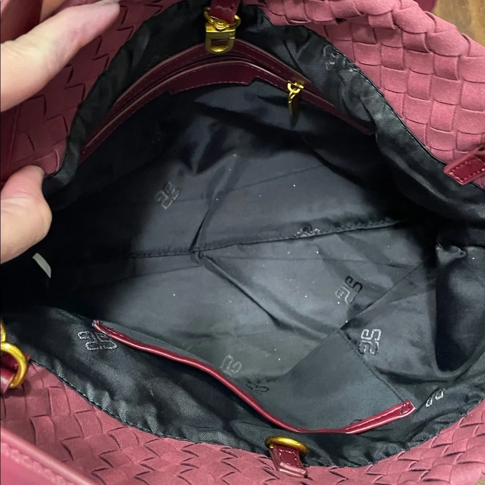 Burgundy faux, leather woven tote